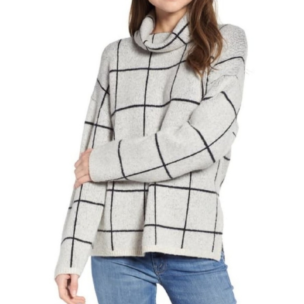 Madewell Windowpane Wool Angora Blend Turtleneck Oversized Boxy Sweater Small